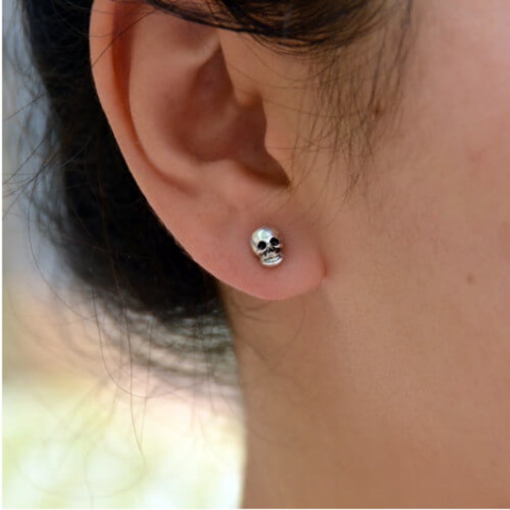 Tiny Skull Earrings Silver Tone Mini Stud